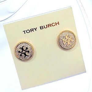 TORY BURCH DOUBLE T LOGO PAVE / CRYSTAL DIAMONDS STUD EARRINGS